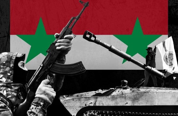 Montage of Syria flag and HTS rebels